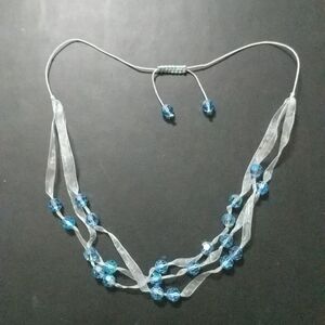 Blue Faceted Crystal Ribbon Slide Knot Necklace